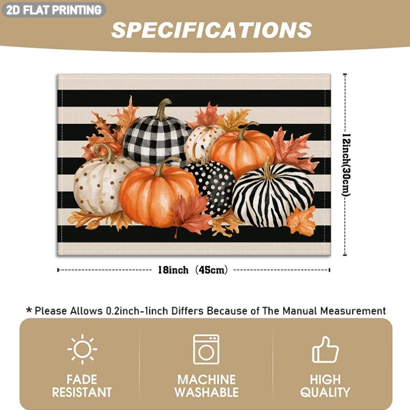 4/6pcs, Autumn Pumpkin And Maple Leaf Pattern Placemats, Black And White Stripes And Plaid Design, Suitable for Indoor/Outdoor Party Restaurant Decor,