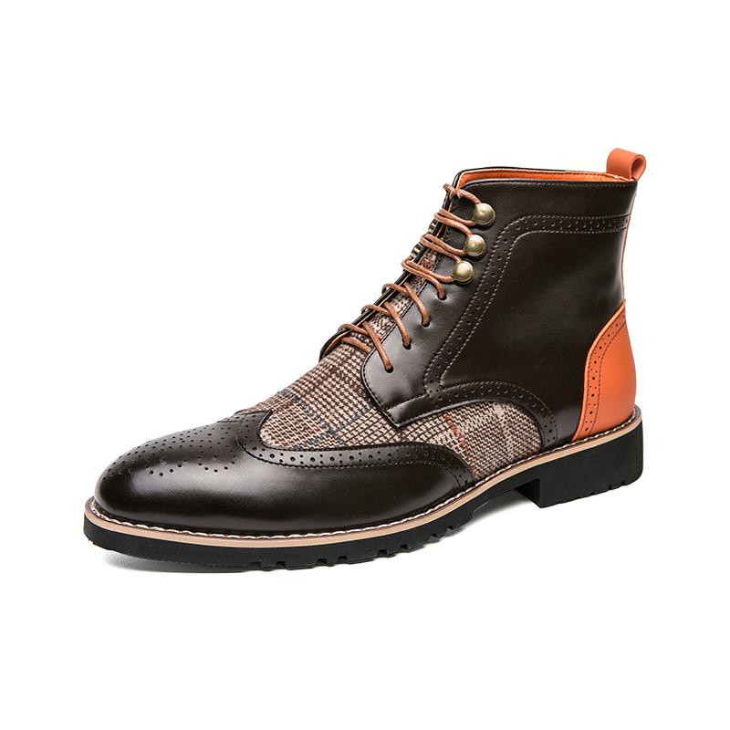 Мужские броги Мотоциклетные повседневные ботильоны с клетчатой ​​строчкой Индивидуальные демисезонные ботинки Платье с крылышками Формальный кожаный смокинг Свадебная обувь