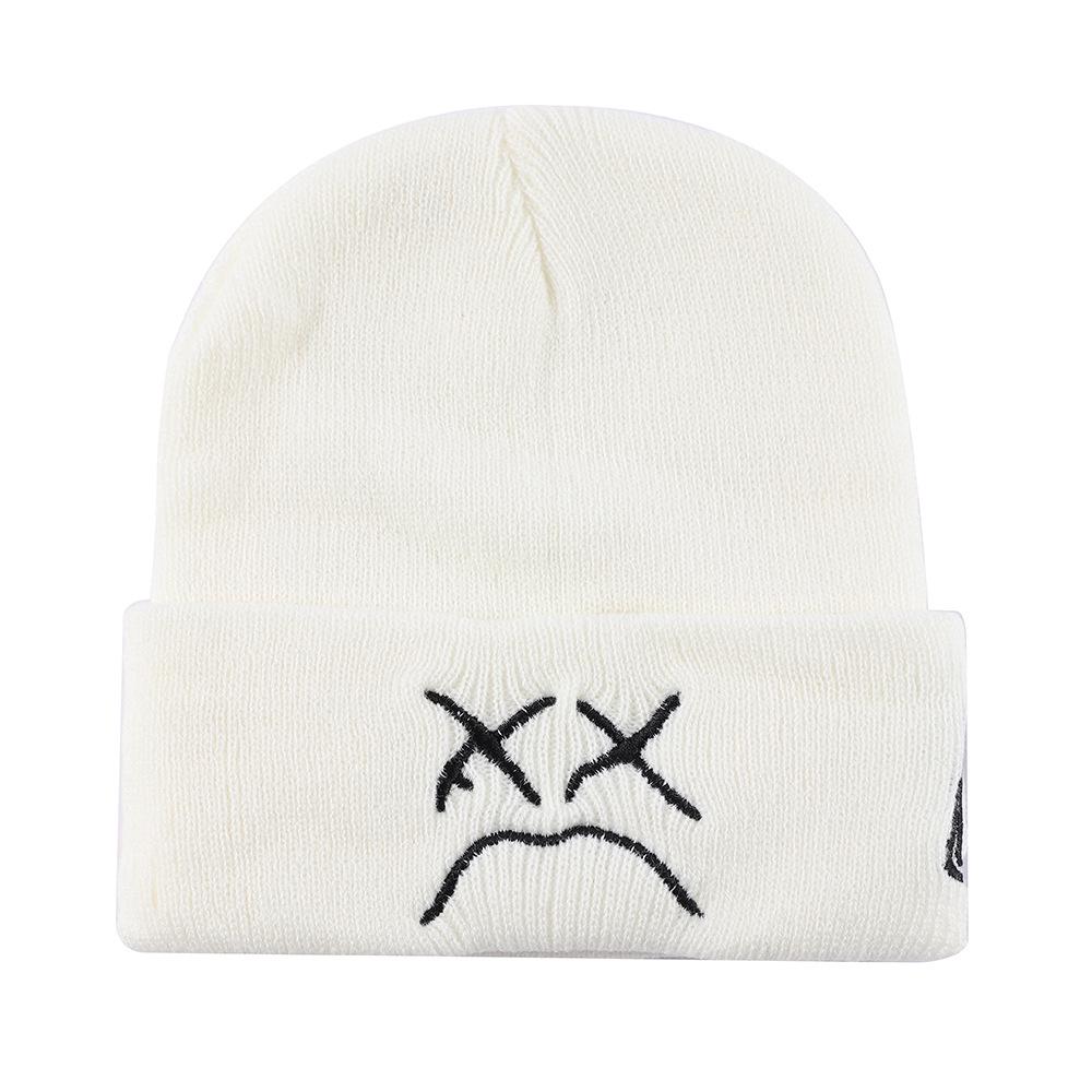 Europe & America Embroidered Knit Beanie - Crying Face Design, Autumn/Winter Ear Protection, Warm, Versatile Pullover Hat with Street Style