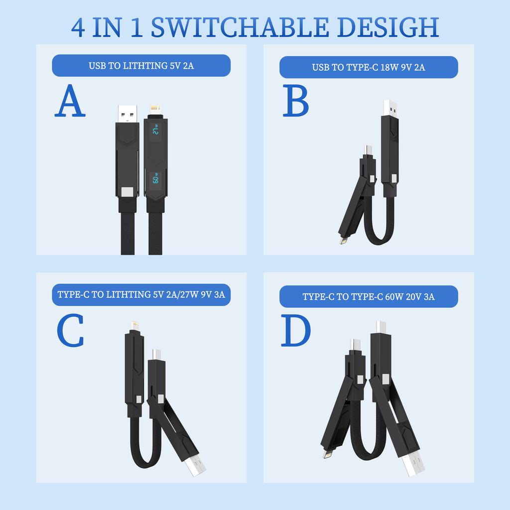 PD 60W USB-C to USB-C Digital Display Data Cable USB-A 27W Fast Charging Cable Keychain Lanyard Suitable for iPhone Pro Samsung