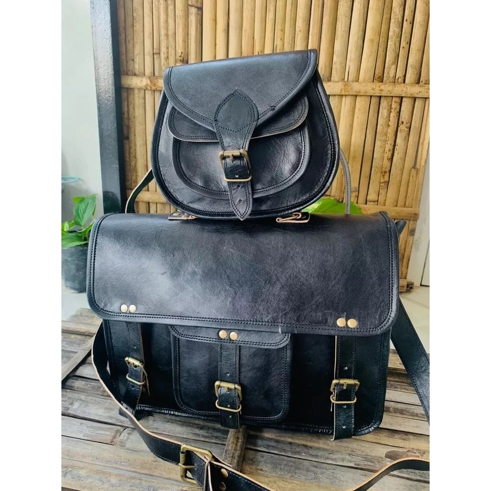 Genuine Vintage Black Leather Messenger Bag Shoulder Laptop ( Gift For Girlfriend BAG Size - 9 X 7 X 3 In )