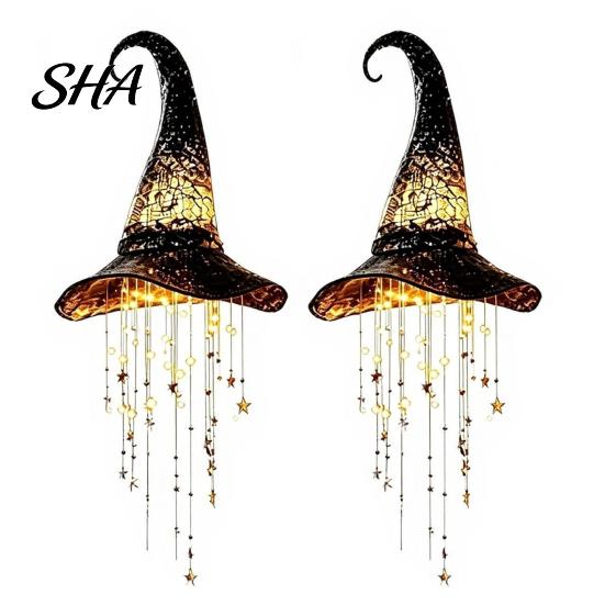 Magical Halloween Home Accent 2 Pcs Light Up Black Mesh Witch Hat Hanging Chime, Glowing Spooky Porch Ornaments Lamp with Cascading Stars for