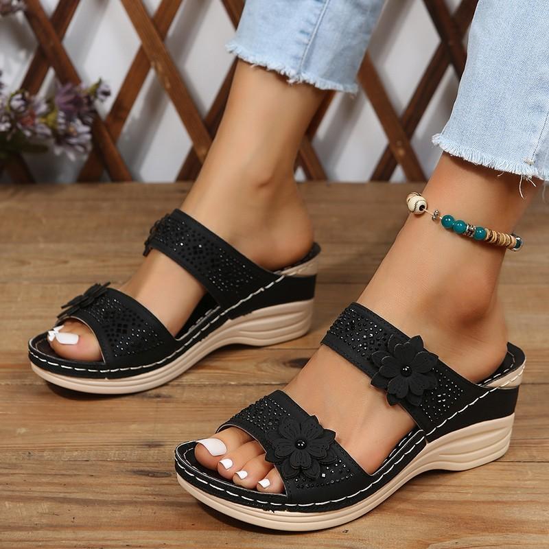 Fashion 2024 Summer Women's Shoes Retro Roman Sandals Women's Casual Flower Wedge Sandals Thick-soled Slippers