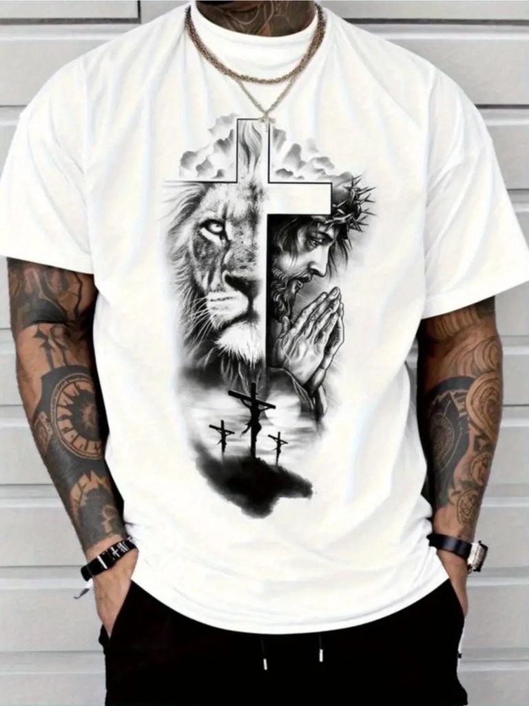 Lion of Judah and Jesus Crown of Thorns Graphic Tee - Christian Faith T-Shirt