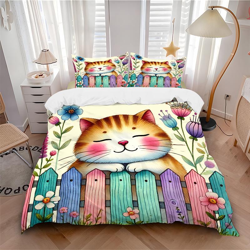 3pcs bedding set Cat Garden Includes 1 Comforter + 2 Pillowcases, Without Pillow Inserts, Soft Comfortable,Bedding Set,a0909003