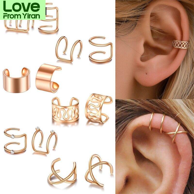 New Fashion Gold Ear Cuff Earrings Fake Piercing Clip On Earrings Statement Punk Jewelry Sets Cool Girl Party Accessories