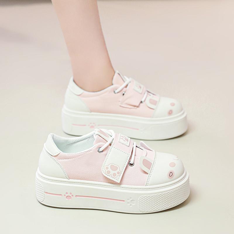 Модные милые туфли лолита на плоской платформе для девочек, студенческие парусиновые туфли на танкетке с милыми кошачьими ушками для молодых женщин