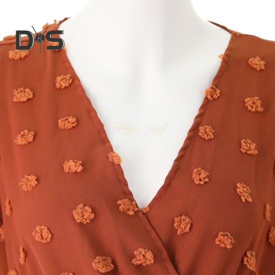 Women Spring Fall Dress Dot Applique Solid Color V Neck Belted Tight High Waist A Line Irregular Ruffle Hem Bohemian Flowy Wedding Party Maxi Dress