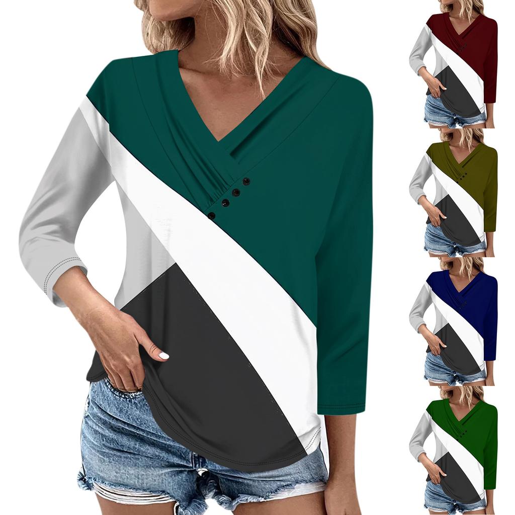 Womens 3/4 Sleeve Daily Weekend V Neck Casual Printed Tshirts Loose Fit Pleated Tees Ladies Blouse