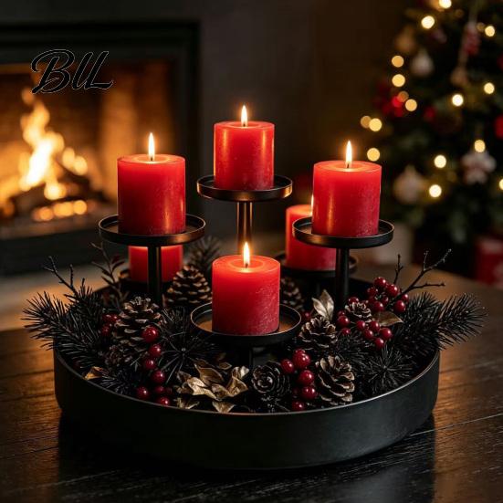 Modern Farmhouse Home Ornament Metal Pillar Candle Holder, Circular 4-Pillar Tiered Stand Heavy Duty Base for Christmas, Wedding, Dining Table,