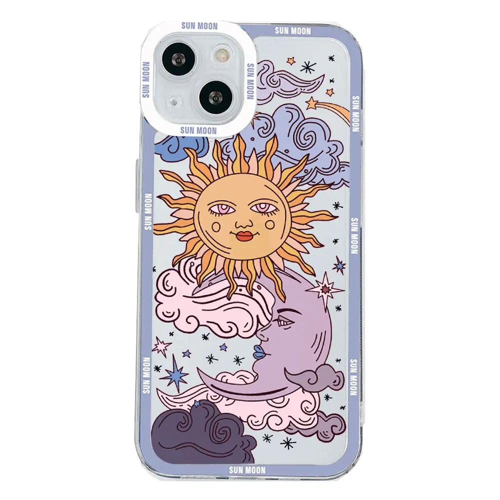 Милый Мультяшный Чехол для Телефона с Лицом Солнца и Луны для IPhone 15 Pro Max 11 12 7 8 14 Plus SE2020 X XR MAX XS 13 Mini Мягкая Прозрачная Крышка Fundas
