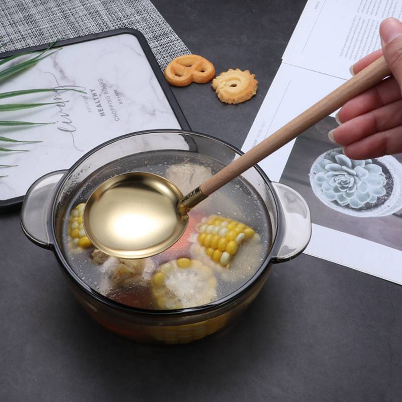 27cm Stainless Steel Cooking Spoon With Wood Long Handle Wooden Ladle Slotted Spoon with Holes for Cooking Soup Serving Spoons