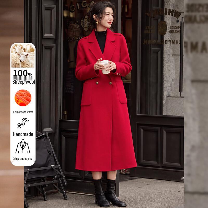 Bailuyu Women's 100% Merino Wool Double-Breasted Longline Coat