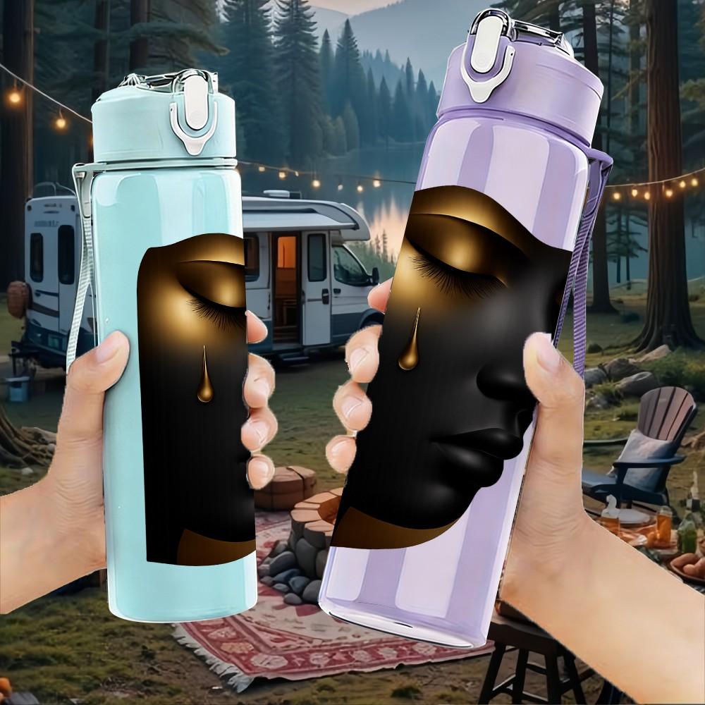 1PC Dark Woman Face Sculpture Print 750ml Color Plastic Sports Water Bottle Leakproof Flip Straw Lid Suitable for Sports Office Home Use