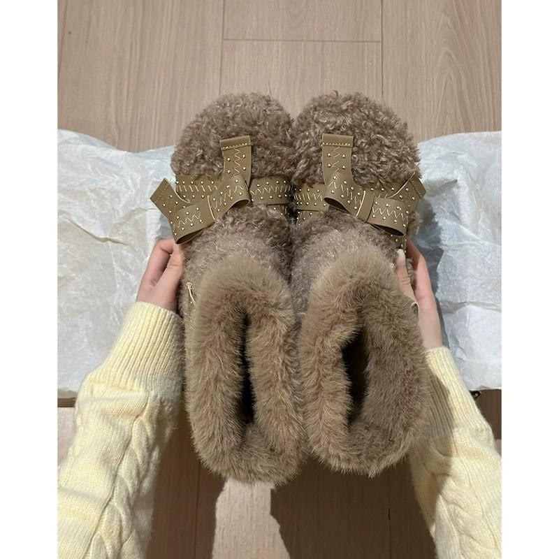 Womens Winter Fleece Lined Ankle Boots Platform Bow Accent Warm Casual Snow Shoes