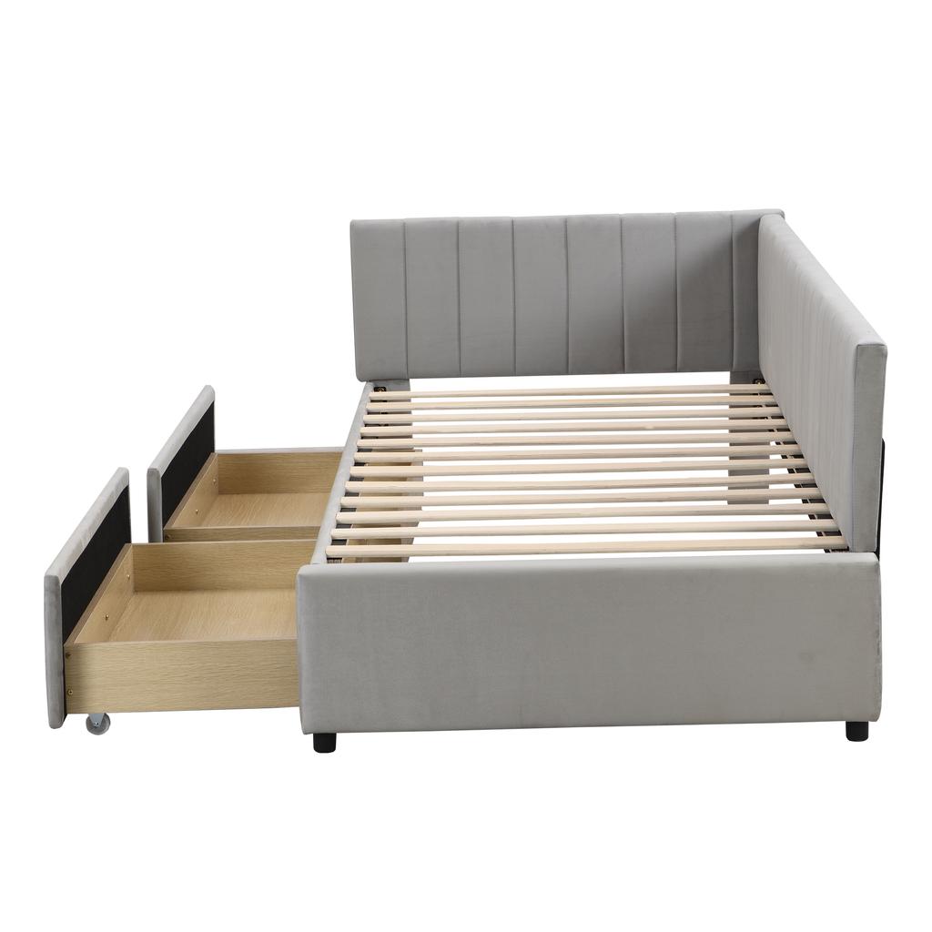Upholstered Bed Sofa Bed 90*200 Multifunctional Bed with 2 Large Storage Drawers and Slatted Frame Skin-friendly Velvet Fabric Grey