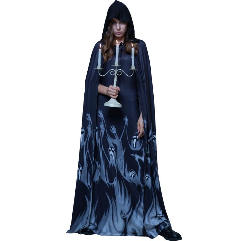 Halloween, Cape Dress Vampire Bride Reaper Witch Robe Print Horror Skull Costume Woman