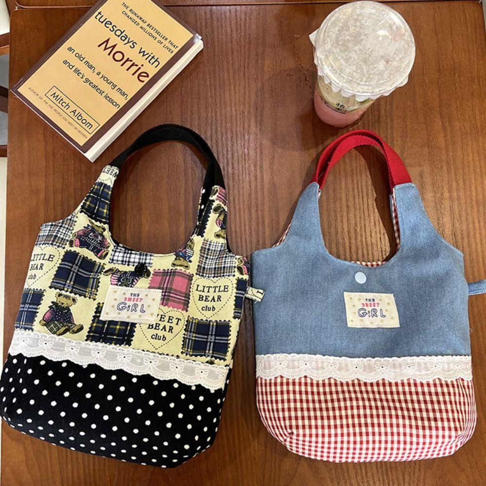 Cowboy Denim Bucket Bag Sweet Cute Wrist Bag Lovely Plaid Canvas Handbag  Streetwear