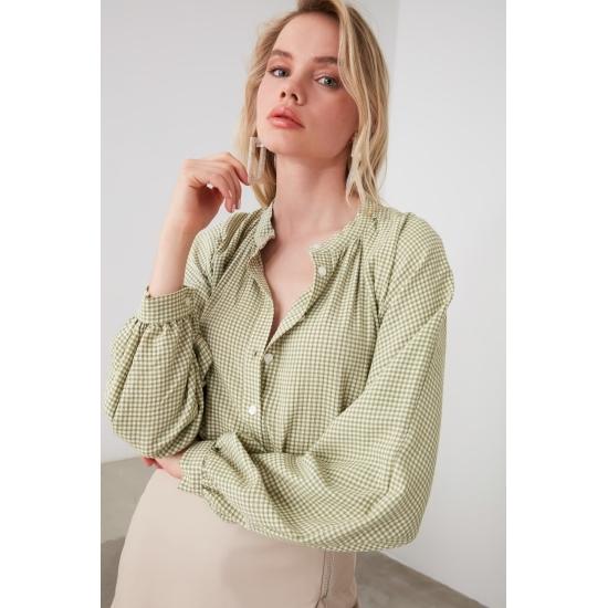 Blouses & Shirts Judge Collar Gingham Balloon Sleeve Shirt