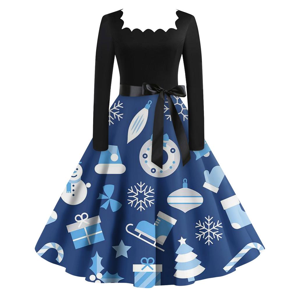 Women's Fashion Vintage Long Sleeve Square Neck Christmas Printed Evening Party Dresses Dresses