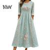 Trendy Autumn Floral Midi Dresses Long Sleeve Dress, Women Cottagecore Waist Cinching Body Shaping Slim Fit Dress for Vacation Street Party