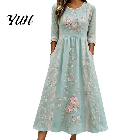 Trendy Autumn Floral Midi Dresses Long Sleeve Dress, Women Cottagecore Waist Cinching Body Shaping Slim Fit Dress for Vacation Street Party