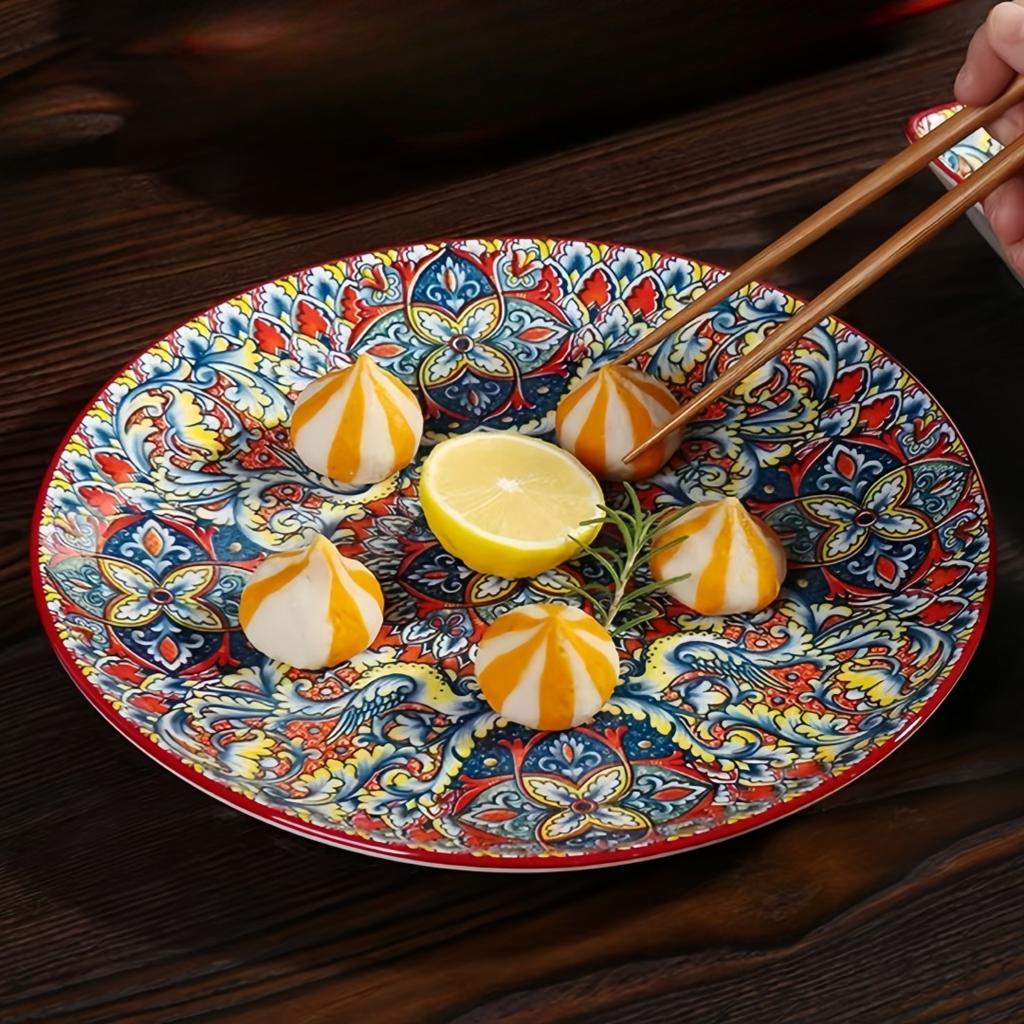 Круглая керамическая тарелка в богемном стиле Креативная неглубокая тарелка Изысканная тарелка для стейка высокого класса Тарелка для пасты 10 дюймов