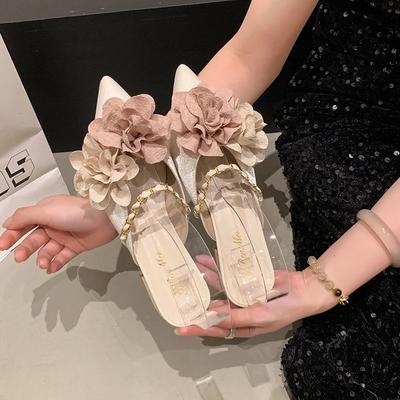 Мода 2025Цветок Женские Шлепанцы на Среднем Каблуке Острый Носок Массивная Обувь Модные Туфли-Лодочки Дизайнерские Летние Слайды