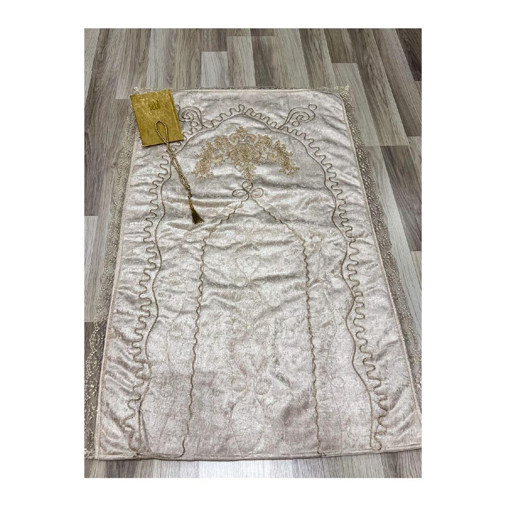 French Laced 3 Piece Embroidered Velvet Dowry Bridal Set Prayer Rug
