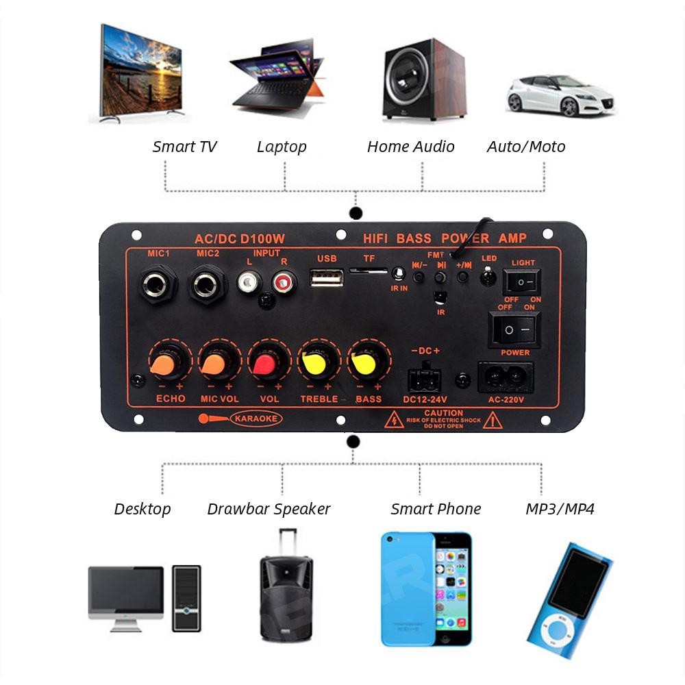 200W AC 220V 12V 24V Digital Bluetooth Stereo Amplifier Board Subwoofer Dual Microphone Karaoke Amplifiers For 8-12 Inch Speaker