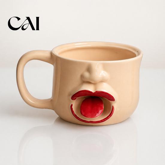 Unique Tongue Sticking Out Cup Quirky Ceramic Coffee Mug, 10oz 3D Sculpted Face Decorative Tea for Students Milk, Funny Creative Drinkware Home
