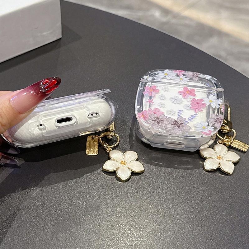 Pink Flowers Pattern Wireless Bluetooth Case for AirPods 4 3 1/2 AirPod Pro and Pro2 Case TPU Headset Protective Cover with Hoo