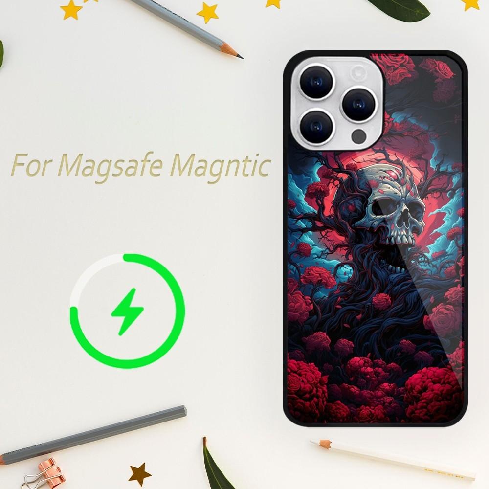 Роскошный чехол для телефона Skull Dead Flowers для iPhone 15 14 13 12 11 Plus Pro Max Magsafe Magnetic Wireless Charger