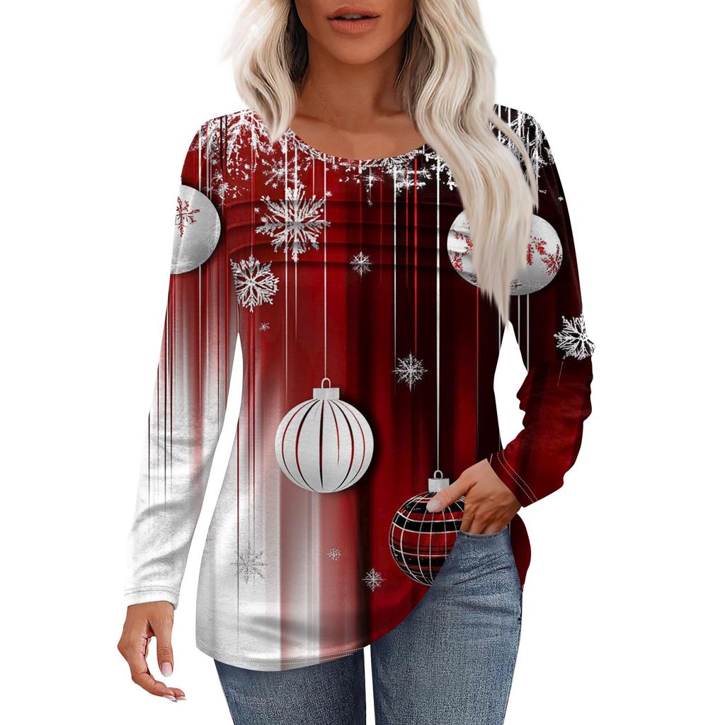 Женская модная повседневная рождественская футболка с круглым вырезом и длинными рукавами