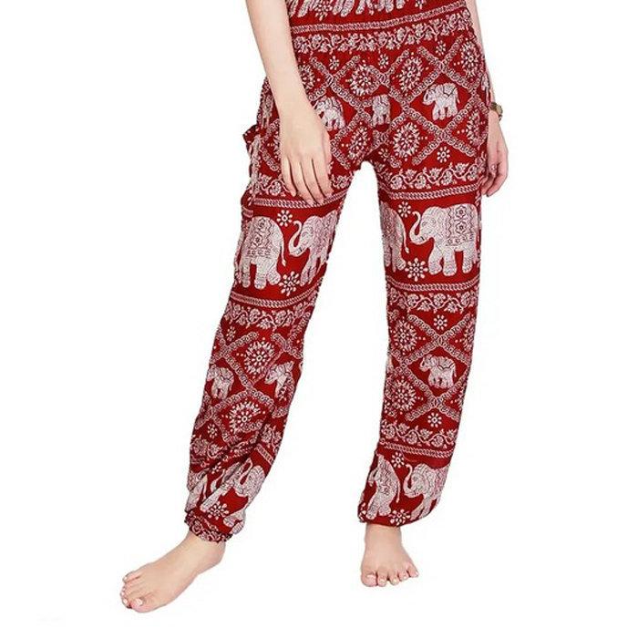 Hippie Chic, Lounge Pants, Elephant Print, One Size with Drawstring, Unisex Model. Red.