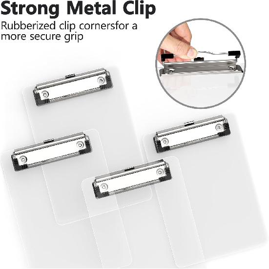 Mini Clipboard Set of 4, 5 x 7 Plastic Small Clear Clip Boards with Low Profile Clip, Memo Size for Classroom, Teacher, Students, School & Office