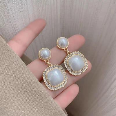 Серебряные серьги-иглы S925 с квадратным жемчугом и бриллиантами в корейском стиле с геометрической формой для женщин