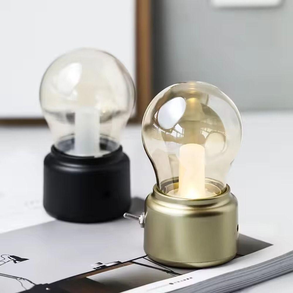 Cordless Operation Night Light Glass Lampshade Desk Lamp Creative Bulb Lemp Table