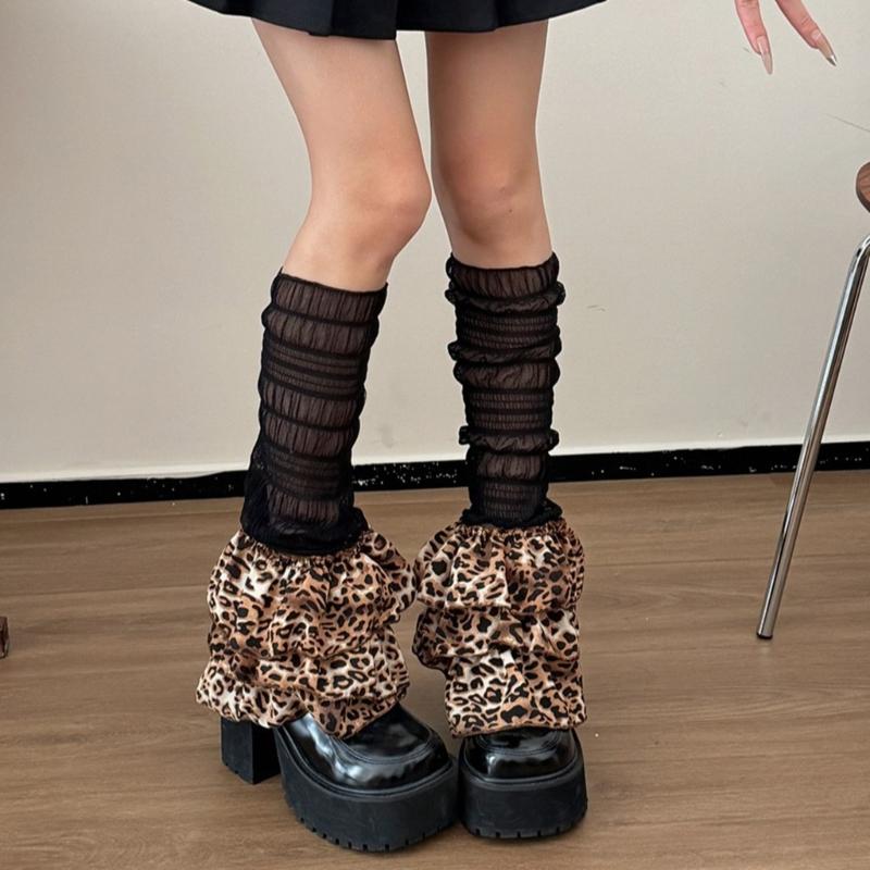 Women Japanese See Through Mesh Ruched Leg Cover Vintage Leopard Print Tiered Ruffle Flared Leg Warmer Sleeve Long Socks