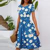 Women's Casual Fashion Round Neck Pleated Short Sleeve Floral Print A-Line Midi Dress