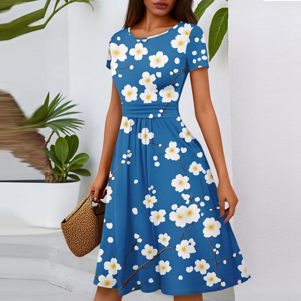 Women's Casual Fashion Round Neck Pleated Short Sleeve Floral Print A-Line Midi Dress