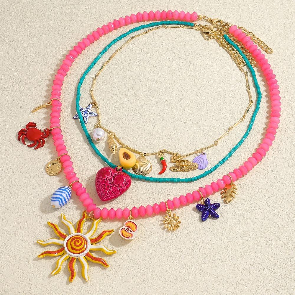 3PCS Dopamine Summer Vacation Beaded Necklace Heart Ocean Style Pendant Necklaces
