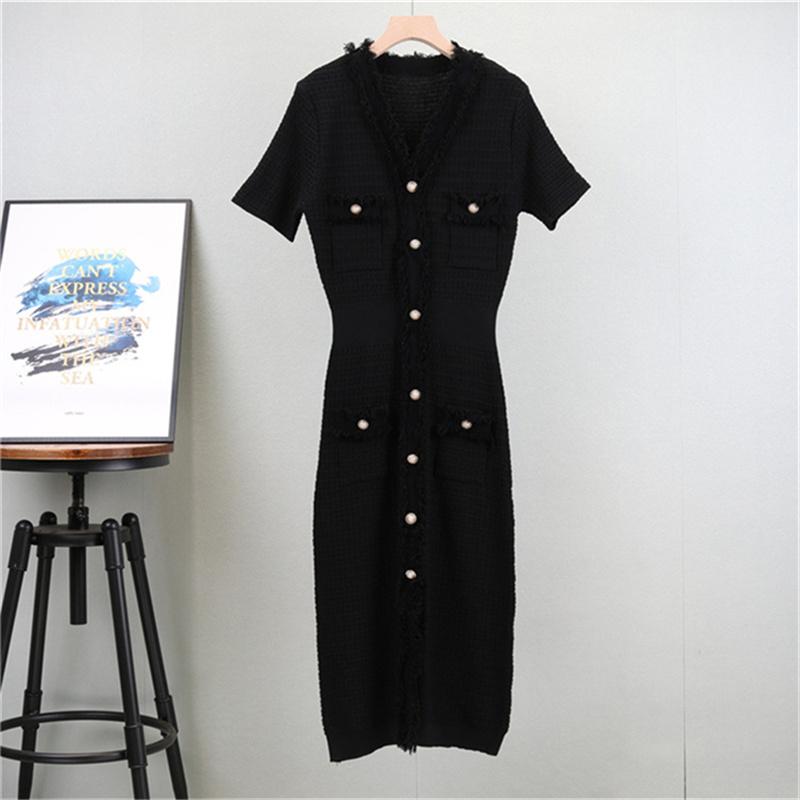 Летнее женское трикотажное платье с коротким рукавом Однотонное, подчеркивающее темперамент, стройнящее миди-платье