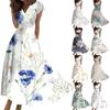 Summer Women Casual Long Dress V Neck Short Sleeve Waist Retraction Printed Flowy Dress