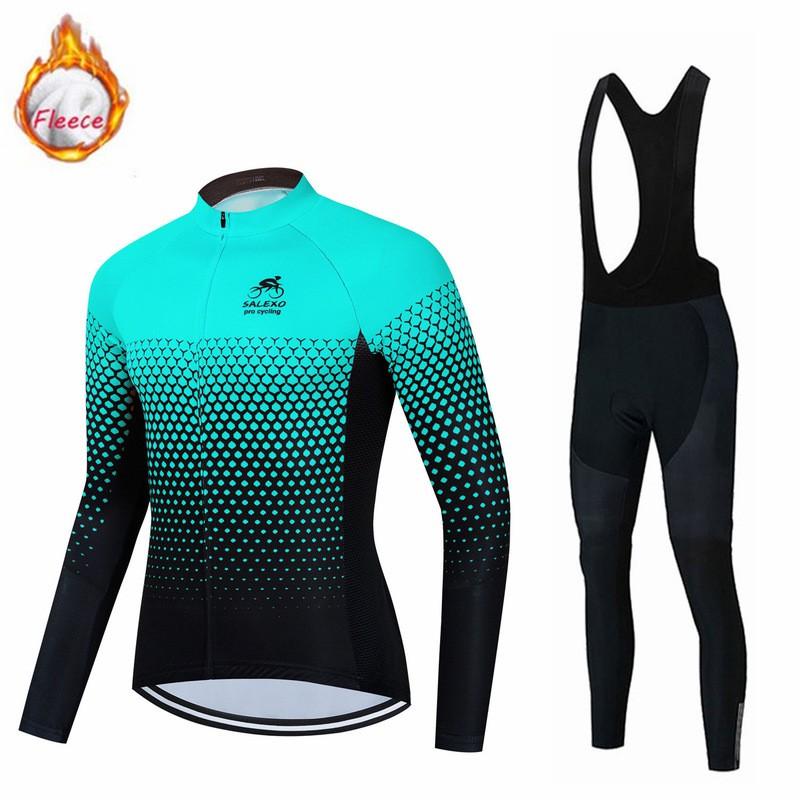 Winter Thermal Long Sleeve Cycling Jersey With Bib Shorts Road Racing Training
