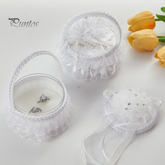 Белая кружевная коробочка для колец, держатель для свадебных колец с ручкой, подушка для колец с лентой и цветком для церемонии помолвки
