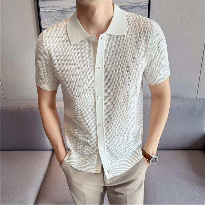Летние мужские вязаные поло с коротким рукавом Smart Casual Легкий кардиган-поло с отложным воротником из льняной вязки Мужские дышащие поло