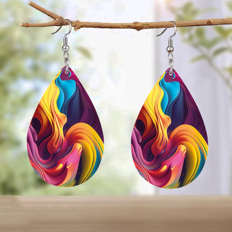 Vibrant Colorful Rendering PU Leather Earrings Abstract Mountain Ribbon Whirlpool Elements Pattern Water Drop Shaped Earrings