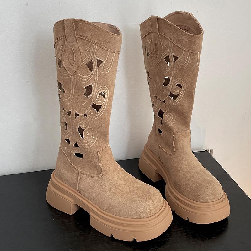 Fashion AVintage Hollow Out Women Western Cowboy Boots Fashion Slip On Thick Bottom Shoes Spring Autumn Knight Botas