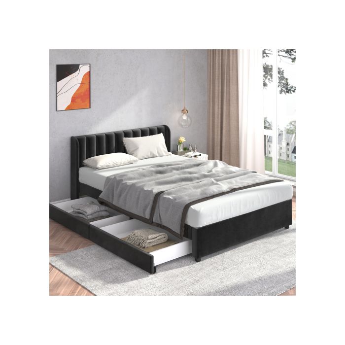 Lit 140x200 cm - MUVOE - Velours Noir - Tiroirs de rangement - Sommier à lattes - 2 places